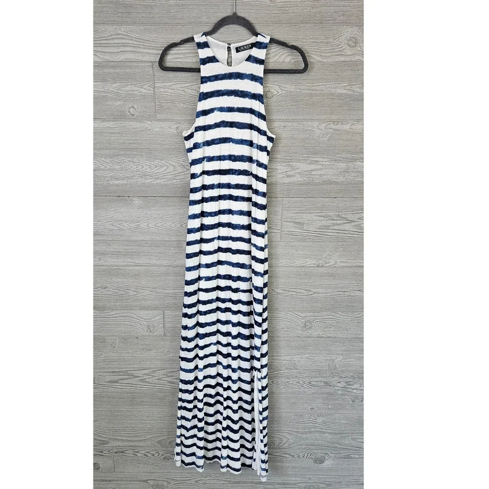 Lauren Ralph Lauren Navy White Striped Linen Maxi Dress Womens Medium Sundress - Picture 10 of 10